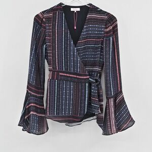 Parker Tolomei Wrap Top Womens XS Black Floral Stripe Bell Sleeve‎ Boho V Neck